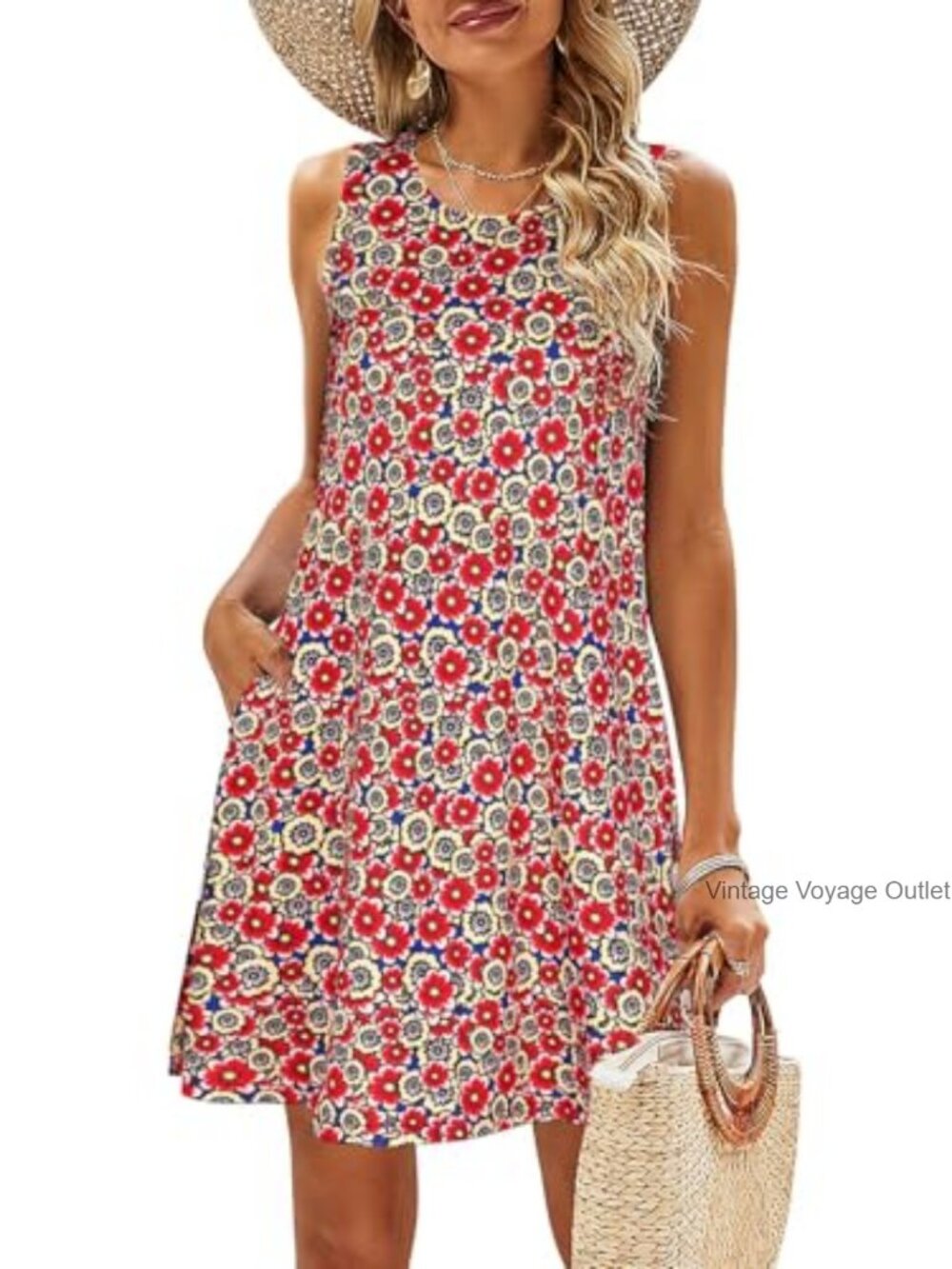 Floral Boho Tank Sundress with Pockets Swing Hem Sleeveless Round Neck
